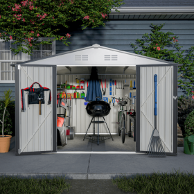 10X8 FT Outdoor Storage Shed, All Weather Metal Sheds With Lockable Doors, Tool Shed For Garden, Patio, Backyard, Lawn, Grey-It Is Forbidden To Sell O