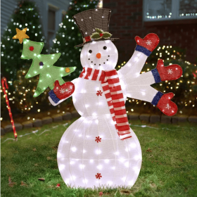 Lighted Snowman Christmas Yard Decorations, Pre-lit 2D Snowman Waving Hands With 170 LED Warm White Lights And Stakes For Xmas Outdoor Holiday Indoor