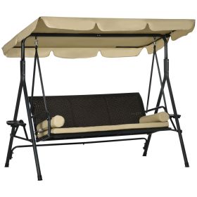 3-Seat Outdoor Porch Swing, with Adjustable Canopy, Removable Cushion, Pillows, Adjustable Shade, and Rattan Seat, Khaki
