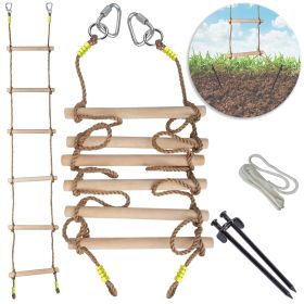 Wooden Rope Ladder for Kids with Ground anchoring Lenght 6.5'(2m) Width 16 (40cm) Outdoor or Indoor Climbing Rope Ladder for Ninja Slackline Backyard