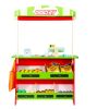 Wooden Puppet Theater with Curtains, 2-in-1 Reversible Play Store, Double-Sided Grocery Store Playset with Chalkboard & Cash Register
