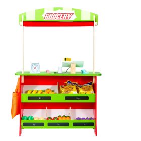 Wooden Puppet Theater with Curtains, 2-in-1 Reversible Play Store, Double-Sided Grocery Store Playset with Chalkboard & Cash Register
