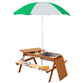 Wooden Kids Picnic Table with Sandbox, Adjustable Umbrella, and Removable Parasol, Outdoor Set for Garden and Patio