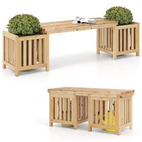 2-in-1 Wooden Garden Bench with 2 Planter Boxes, Fir Wood Outdoor Patio Seat for Yard & Lawn