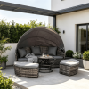 Gray 4-Piece round Rattan Daybed Set Convertible Patio Furniture with Adjustable Sun Canopy Sectional Outdoor Sofa 2 Chairs Extending Tea Table Ottoma
