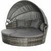 Gray 4-Piece round Rattan Daybed Set Convertible Patio Furniture with Adjustable Sun Canopy Sectional Outdoor Sofa 2 Chairs Extending Tea Table Ottoma