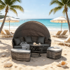 Gray 4-Piece round Rattan Daybed Set Convertible Patio Furniture with Adjustable Sun Canopy Sectional Outdoor Sofa 2 Chairs Extending Tea Table Ottoma