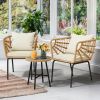 3-Piece Beige Outdoor Patio Furniture Wicker Bistro Set, With 2 Chairs and Coffee Table, Cushions and Lumbar Pillows