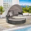 5 Pieces Outdoor Patio Round Daybed Furniture,Wicker Conversation Set with Retractable Canopy, Soft Cushions