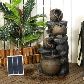 28.3" Solar Water Fountain, 4-Tier Resin Cascading Jars and Stacked Stones Outdoor Waterfall Fountain with LED Lights