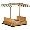 Outsunny Wooden Kids Sandbox with Cover, Children Outdoor Sand Box with Foldable Bench Seats, Adjustable Canopy, Bottom Liner for Outdoor, Brown