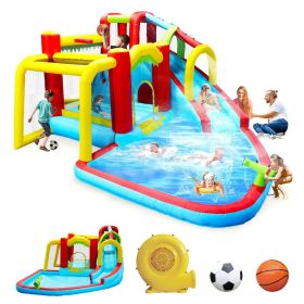 7 in1 Inflatable slide water park bouncing house outdoor Soccer garden bouncer with Splash pool & Water gun & Climbing wall & Basketball & Football