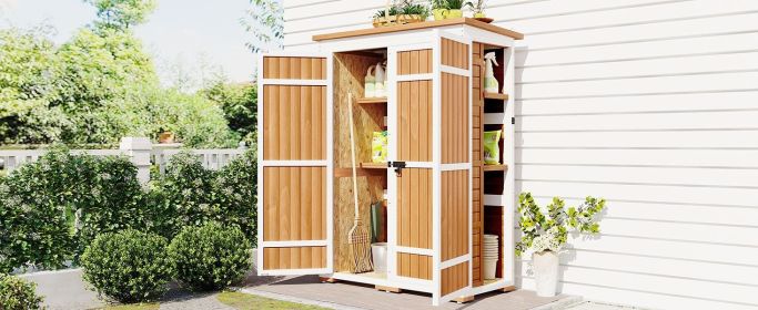 [Video Provided] TOPMAX Outdoor 5.5ft Hx4.1ft L Wood Storage Shed, Garden Tool Cabinet with Waterproof Asphalt Roof, Four Lockable Doors