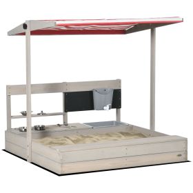 Outsunny Kids Sandbox with Canopy Adjustable, Wooden Sandbox Backyard Toy with Kitchen Playset Accessories, Outdoor Activity Gift for Girls and Boys