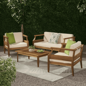 Aston Outdoor Mid-Century Modern Cushioned Acacia 4-seat Chat Set - Teak Finish + Cream Cushion
