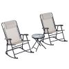 Outsunny 3 Piece Outdoor Rocking Chair Set, Patio Folding Lawn Rocker Set with Glass Coffee Table, Headrests for Yard, Patio, Deck, Backyard
