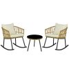 Outsunny 3 Piece Bistro Set with Cushions, Outdoor PE Rattan Wicker Patio Rocking Chair with 2 Porch Rocker Chairs