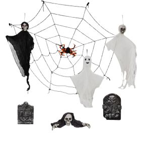 Outdoor Halloween Decorations 8-Piece Set, Hanging Ghosts Decor and Cobweb and Gravestone with Lighted Up Eyes