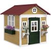 Wooden Playhouse for Kids Outdoor, Doors, Windows, Planter Pots, Beige, Toddlers 3-8 Years