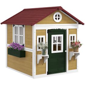 Wooden Playhouse for Kids Outdoor, Doors, Windows, Planter Pots, Beige, Toddlers 3-8 Years