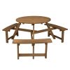 6-person Round Wooden Picnic Table with Umbrella Hole and 3 Built-in Benches