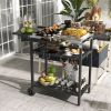 Outsunny Outdoor Bar Cart with Stainless Steel Tabletop, Kitchen Island with Wheels, 2 Tiers & Seasoning Shelf, Patio Serving Cart with Hooks