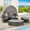 5 Pieces Outdoor Patio Round Daybed Furniture,Wicker Conversation Set with Retractable Canopy, Soft Cushions