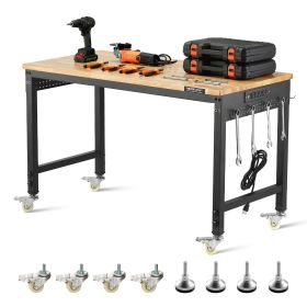 48-Inch Adjustable Workbench, 2000 lbs Load, Work Bench with Power Outlet, Wheels, and Pegboard, Heavy Duty Oak Wood Top Work Table for Garage
