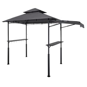 Grill Gazebo, 8 x 5 ft Double-Tiered Top, Reinforced BBQ Gazebo with Extra Awning, Powder-Coated Steel Patio Grill Shelter with 2 Side Shelves & Hooks