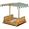 Outsunny Wooden Kids Sandbox with Cover, Children Outdoor Sand Box with Foldable Bench Seats, Adjustable Canopy, Bottom Liner for Outdoor, Brown
