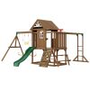 Wooden Swing Set, 10 IN 1 Playground Sets for Backyards, 2 Swings, Trapeze Bar, 6FT Slide, Large Upper Fort with Kitchen Toys, Flat Step Ladder