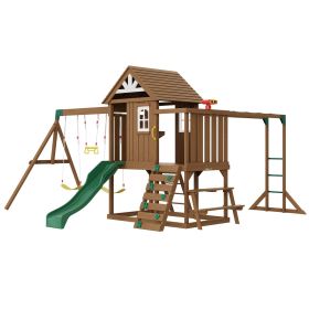 Wooden Swing Set, 10 IN 1 Playground Sets for Backyards, 2 Swings, Trapeze Bar, 6FT Slide, Large Upper Fort with Kitchen Toys, Flat Step Ladder
