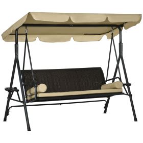 3-Seat Outdoor Porch Swing, with Adjustable Canopy, Removable Cushion, Pillows, Adjustable Shade, and Rattan Seat, Khaki