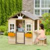 Outsunny Kids Outdoor Wooden Playhouse, Garden Adventure Cottage, Door, Service Station, Flower Pot Holder
