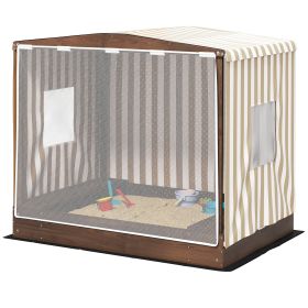 Kids Wooden Sandbox with Canopy Fully Covered, 2 Bench Seats, Bottom Liner, 56" x 40" x 52", Brown