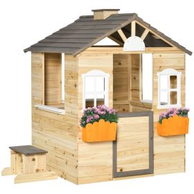 Kids Outdoor Wooden Playhouse, Garden Adventure Cottage, Door, Service Station, Flower Pot Holder