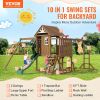 Wooden Swing Set, 10 IN 1 Playground Sets for Backyards, 2 Swings, Trapeze Bar, 6FT Slide, Large Upper Fort with Kitchen Toys, Flat Step Ladder