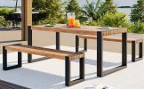 GO 3-pieces Outdoor Dining Table With 2 Benches, Patio Dining Set With Unique Top Texture, Acacia Wood Top & Steel Frame, All Weather Use