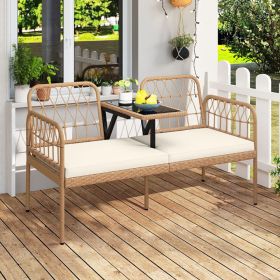 2-Seat PE Rattan Outdoor Loveseat with Built-in Coffee Table and Soft Cushions