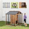 7' x 6' Extra Large Dog House, Wood Outdoor Dog Kennel with Storage Cabinet, Stainless Steel Bowls, Light Yellow