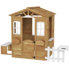Outdoor Playhouse for Kids Wooden Cottage with Working Doors Windows & Mailbox for Age 3-6 Years, Natural Wood
