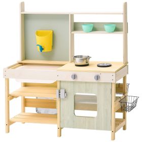 Mud Kitchen for Kids, Wooden Toy Play Kitchen Set, Outdoor Toddler Grocery Store Playset, Pretend Play Kitchen with Stoves, Tank, Faucet, Storage Bag