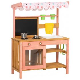 Kids Mud Kitchen with Canopy, Outdoor Wooden Play Kitchen with Planter Box, Accessories for Age 3-6, Pink