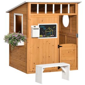 Outdoor Wooden Playhouse for Kids, Cottage, Door, Windows, Mailbox, Bench, Flower Pot Holder