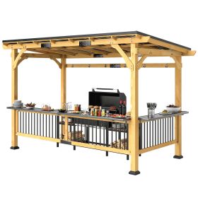 13' x 6' Wooden BBQ Grill Gazebo, Outdoor Hardtop Grill Gazebo with Metal Roof, 2 Bar Shelves and 6 Hooks, Natural