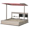 Outsunny Kids Sandbox with Canopy Adjustable, Wooden Sandbox Backyard Toy with Kitchen Playset Accessories, Outdoor Activity Gift for Girls and Boys