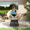 360° Swivel Outdoor Papasan Chair, Overstuffed Circle Chair with Side Tray, Thickened Cushion for Indoor, Patio, Beige