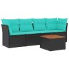 5 Piece Patio Sofa Set with Cushions Black Poly Rattan