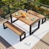 GO 3-pieces Outdoor Dining Table With 2 Benches, Patio Dining Set With Unique Top Texture, Acacia Wood Top & Steel Frame, All Weather Use