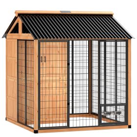 7' x 6' Extra Large Dog House, Wood Outdoor Dog Kennel with Storage Cabinet, Stainless Steel Bowls, Light Yellow